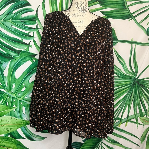Kasper XL Black Brown Abstract Spotted Textured Sheer Peasant Sleeve Office Top - Picture 2 of 9